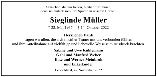 Anzeige  Sieglinde Müller  Lippische Landes-Zeitung