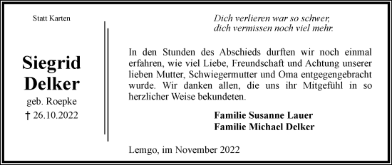 Anzeige  Siegrid Delker  Lippische Landes-Zeitung