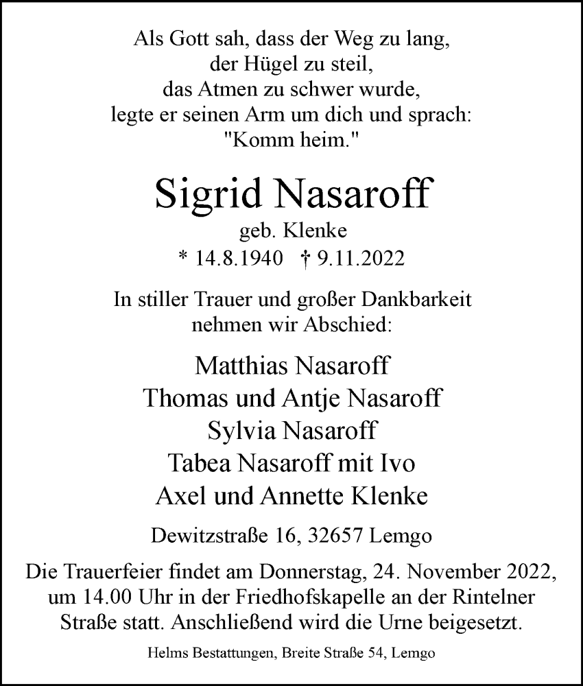  Traueranzeige für Sigrid Nasaroff vom 19.11.2022 aus Lippische Landes-Zeitung
