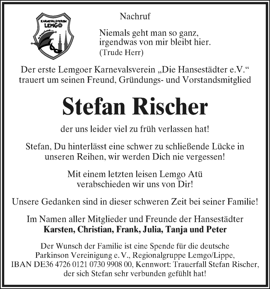  Traueranzeige für Stefan Rischer vom 19.11.2022 aus Lippische Landes-Zeitung