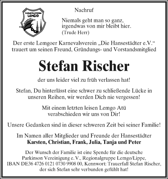 Anzeige  Stefan Rischer  Lippische Landes-Zeitung