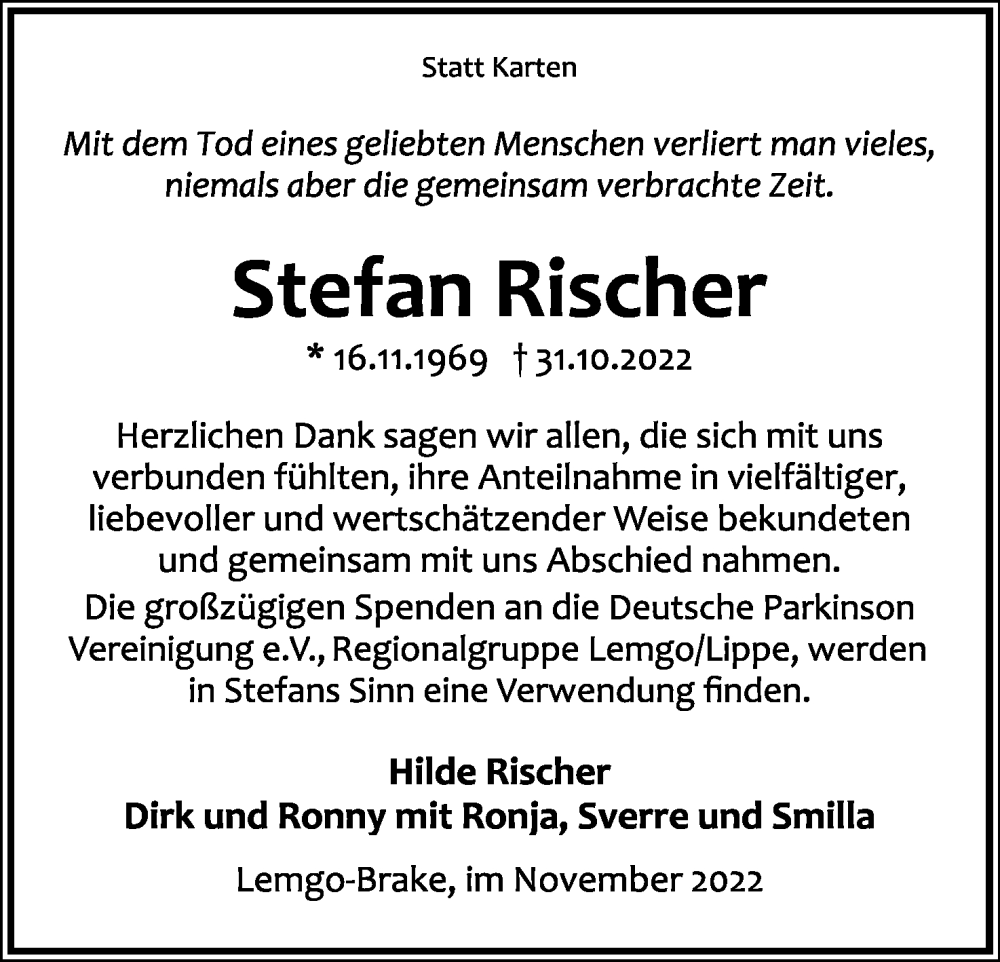 Traueranzeige für Stefan Rischer vom 26.11.2022 aus Lippische Landes-Zeitung