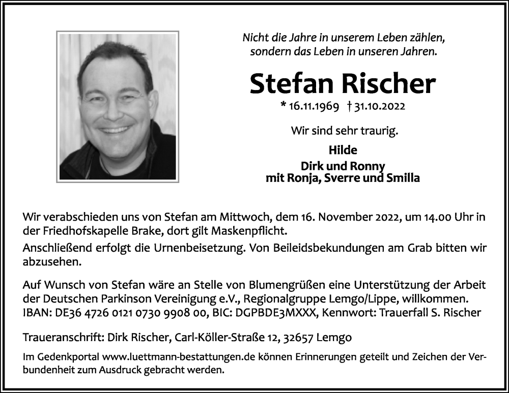  Traueranzeige für Stefan Rischer vom 05.11.2022 aus Lippische Landes-Zeitung