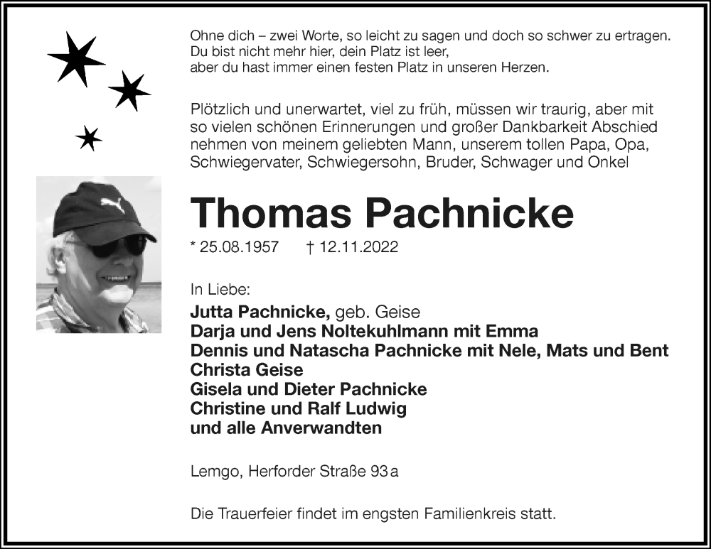  Traueranzeige für Thomas Pachnicke vom 19.11.2022 aus Lippische Landes-Zeitung