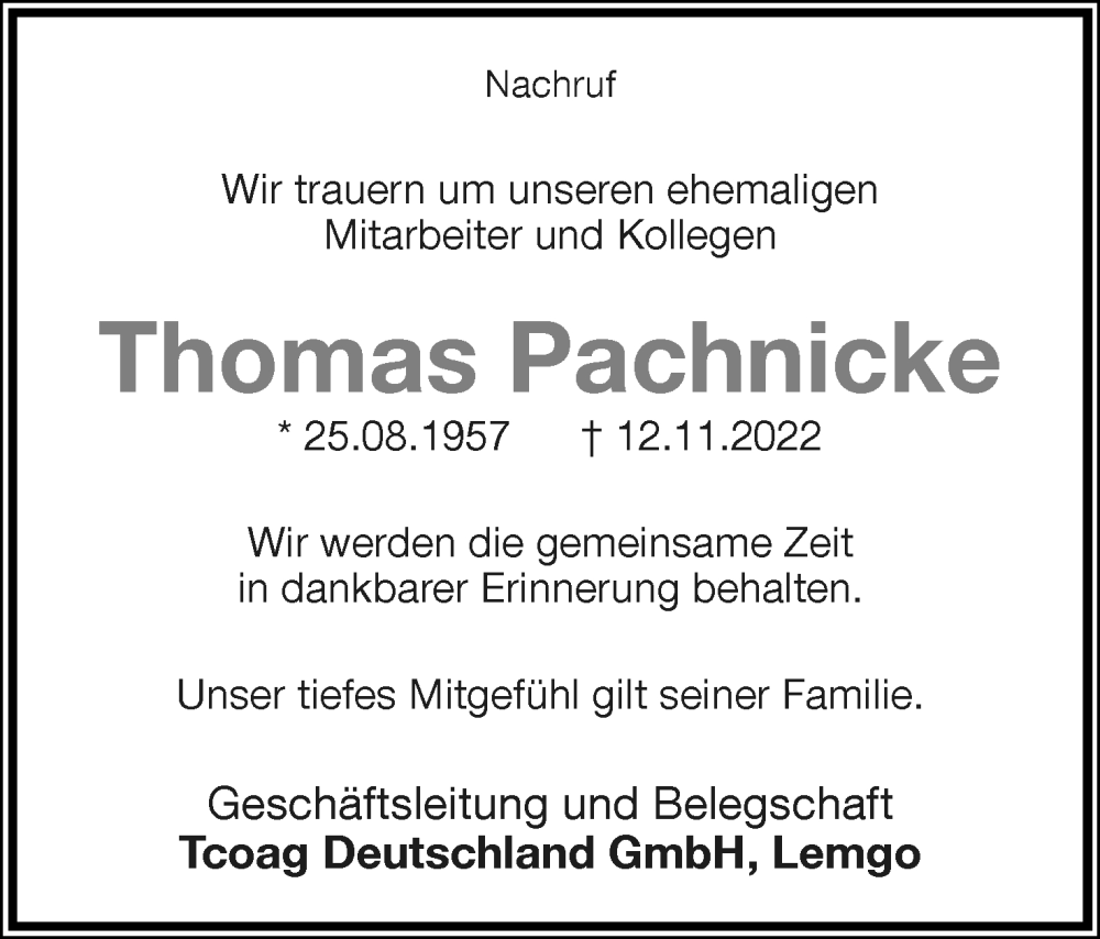  Traueranzeige für Thomas Pachnicke vom 26.11.2022 aus Lippische Landes-Zeitung