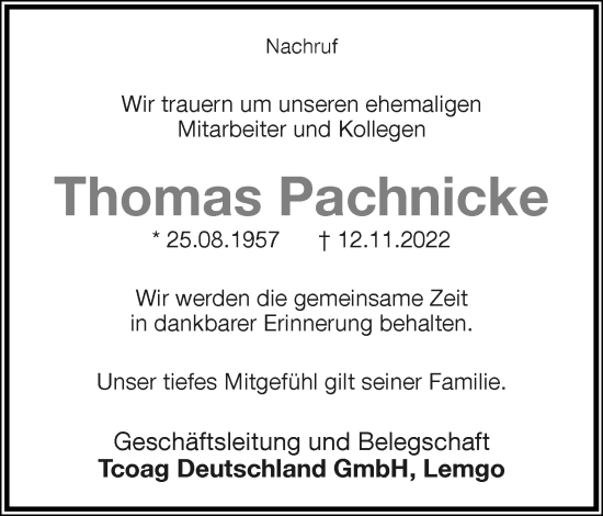 Anzeige  Thomas Pachnicke  Lippische Landes-Zeitung