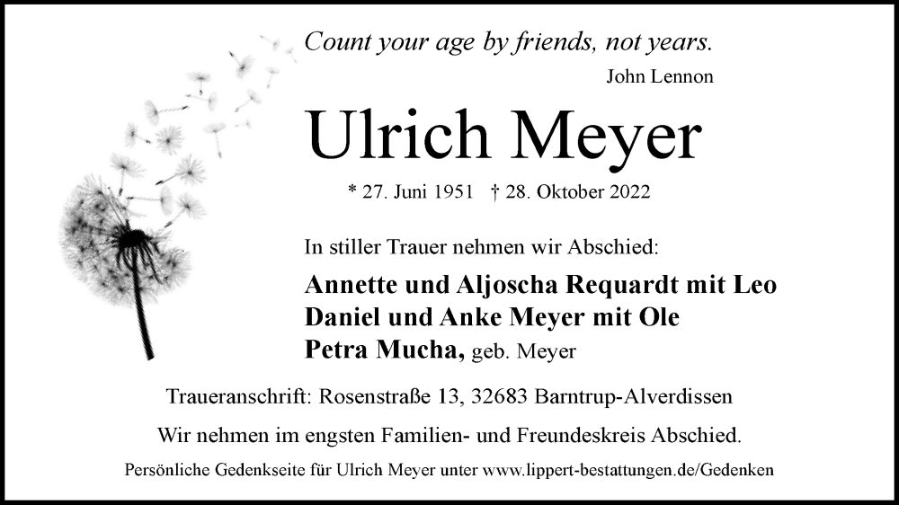  Traueranzeige für Ulrich Meyer vom 05.11.2022 aus Lippische Landes-Zeitung