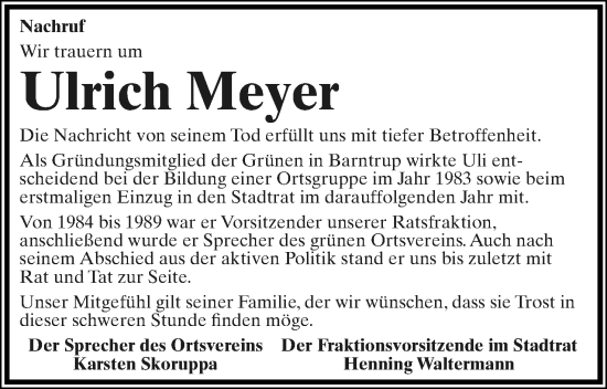 Anzeige  Ulrich Meyer  Lippische Landes-Zeitung