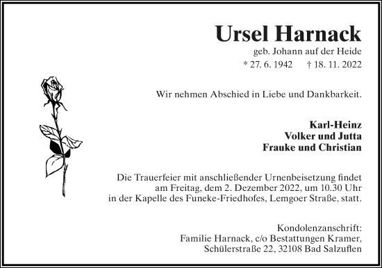Anzeige  Ursel Harnack  Lippische Landes-Zeitung