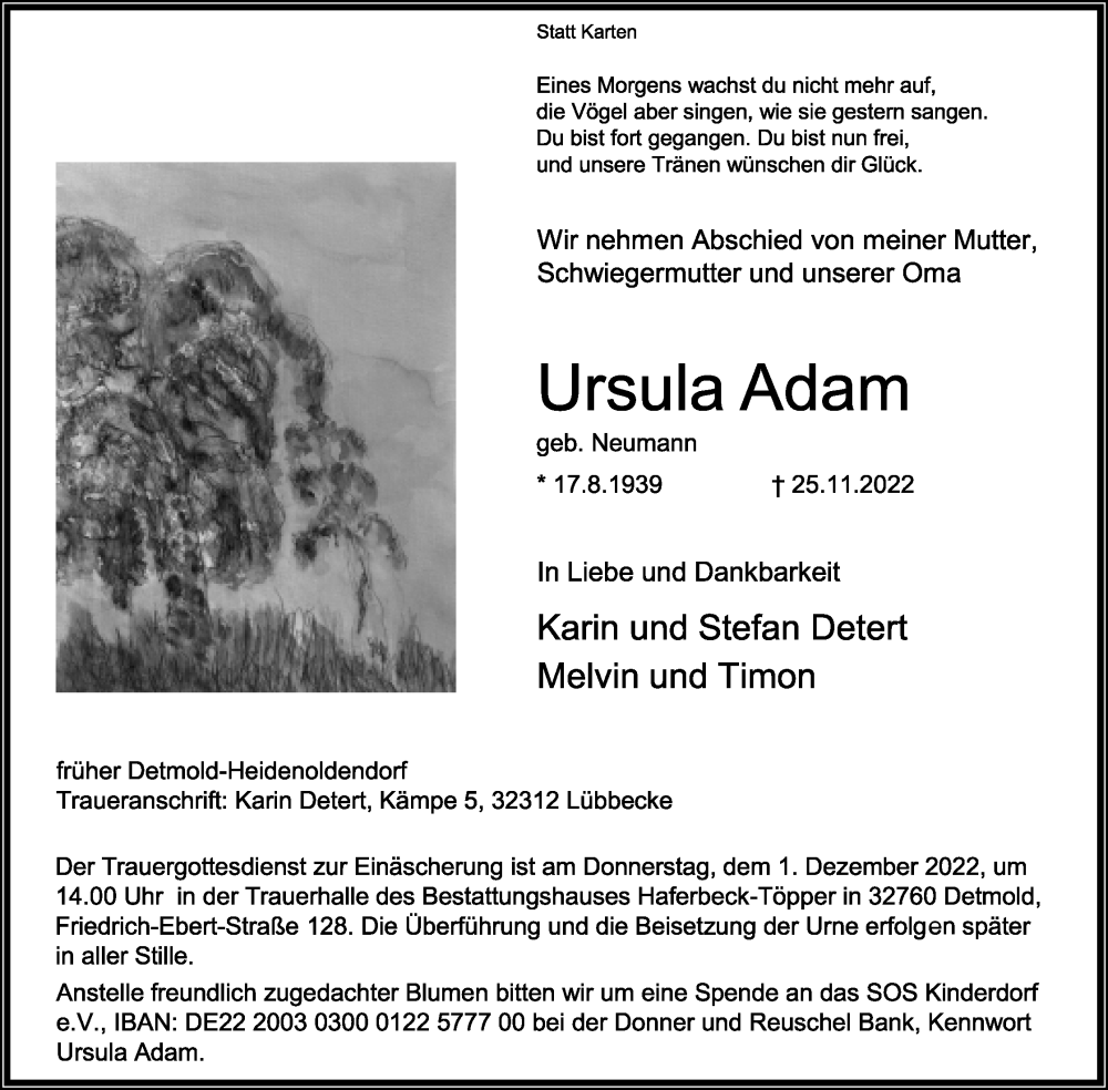  Traueranzeige für Ursula Adam vom 29.11.2022 aus Lippische Landes-Zeitung