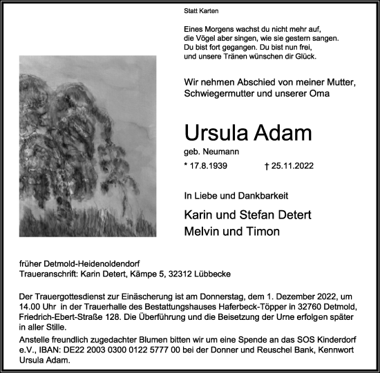 Anzeige  Ursula Adam  Lippische Landes-Zeitung