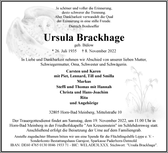 Anzeige  Ursula Brackhage  Lippische Landes-Zeitung