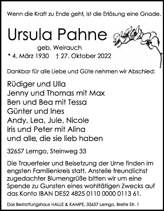 Anzeige  Ursula Pahne  Lippische Landes-Zeitung
