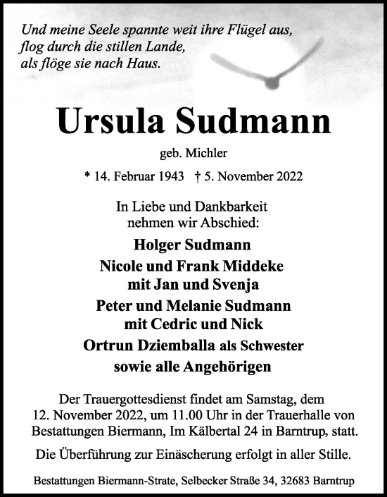 Anzeige  Ursula Sudmann  Lippische Landes-Zeitung
