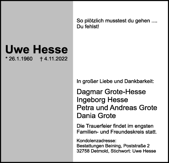 Anzeige  Uwe Hesse  Lippische Landes-Zeitung