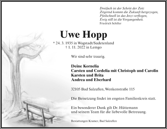Anzeige  Uwe Hopp  Lippische Landes-Zeitung