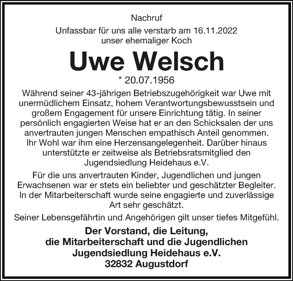  Traueranzeige für Uwe Welsch vom 26.11.2022 aus Lippische Landes-Zeitung