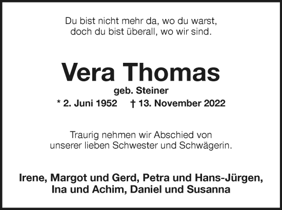 Anzeige  Vera Thomas  Lippische Landes-Zeitung