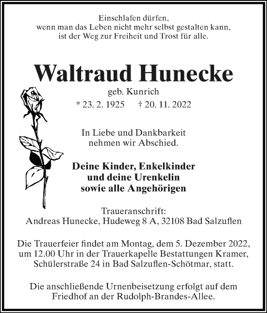 Anzeige  Waltraud Hunecke  Lippische Landes-Zeitung