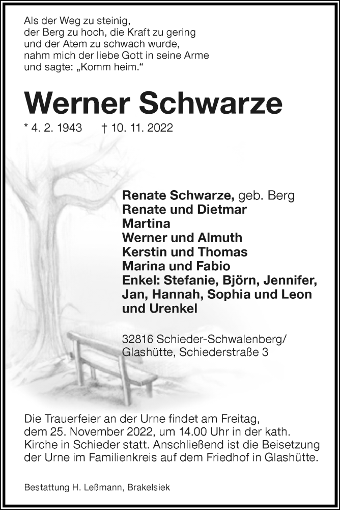  Traueranzeige für Werner Schwarze vom 19.11.2022 aus Lippische Landes-Zeitung