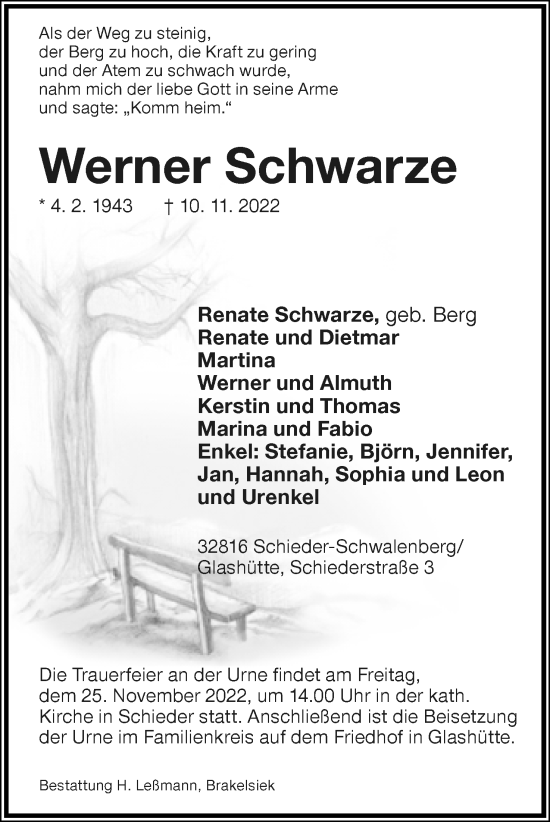 Anzeige  Werner Schwarze  Lippische Landes-Zeitung