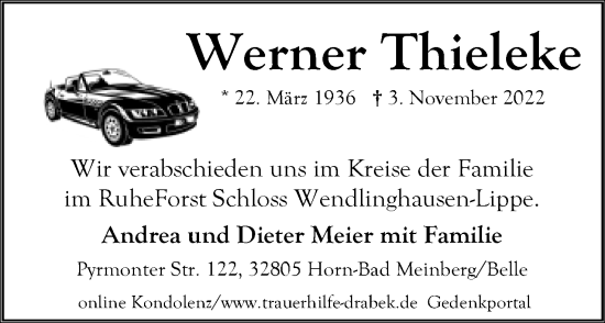 Anzeige  Werner Thieleke  Lippische Landes-Zeitung