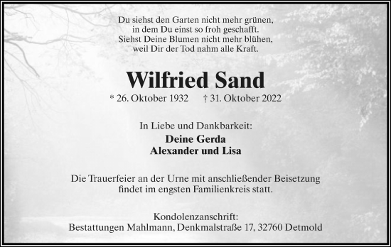 Anzeige  Wilfried Sand  Lippische Landes-Zeitung
