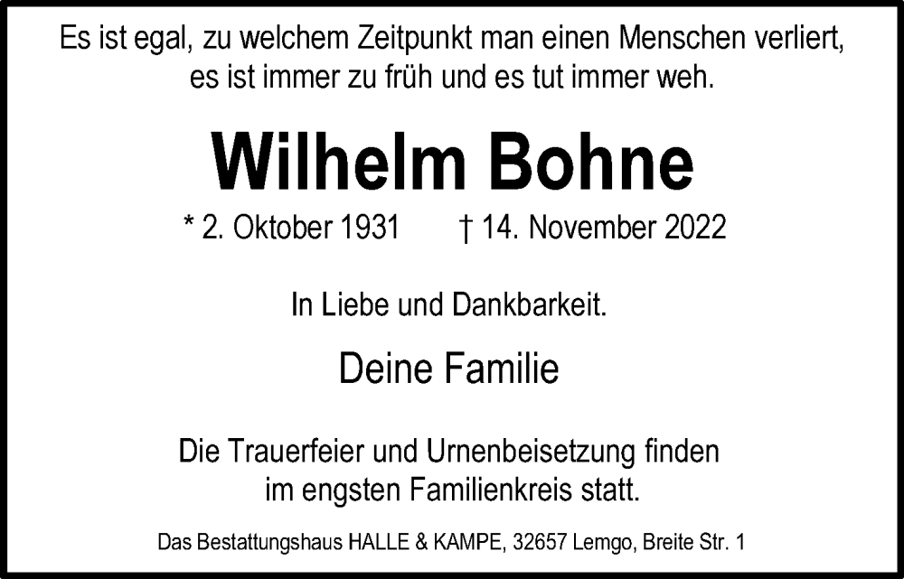  Traueranzeige für Wilhelm Bohne vom 19.11.2022 aus Lippische Landes-Zeitung