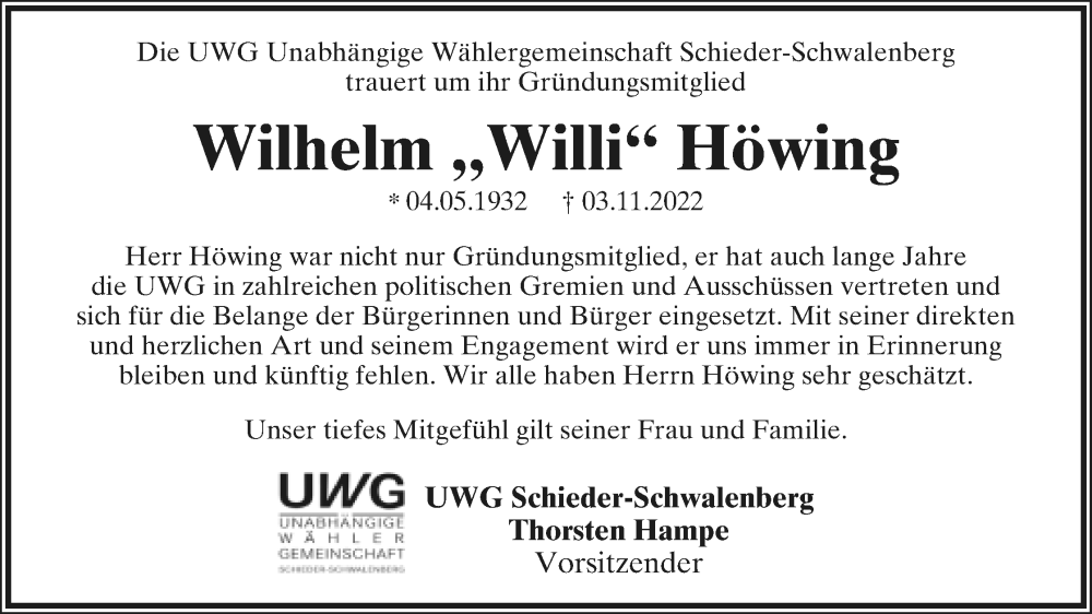  Traueranzeige für Wilhelm  Höwing vom 12.11.2022 aus Lippische Landes-Zeitung