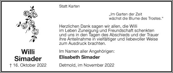 Anzeige  Willi Simader  Lippische Landes-Zeitung