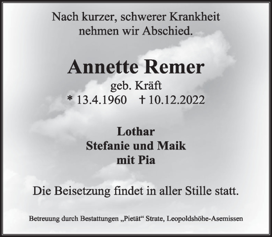 Anzeige  Annette Remer  Lippische Landes-Zeitung