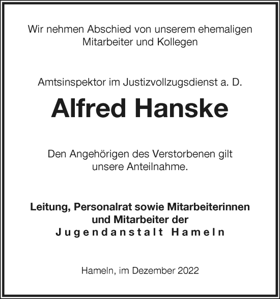 Anzeige  Alfred Hanske  Lippische Landes-Zeitung