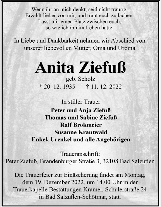 Anzeige  Anita Ziefuß  Lippische Landes-Zeitung