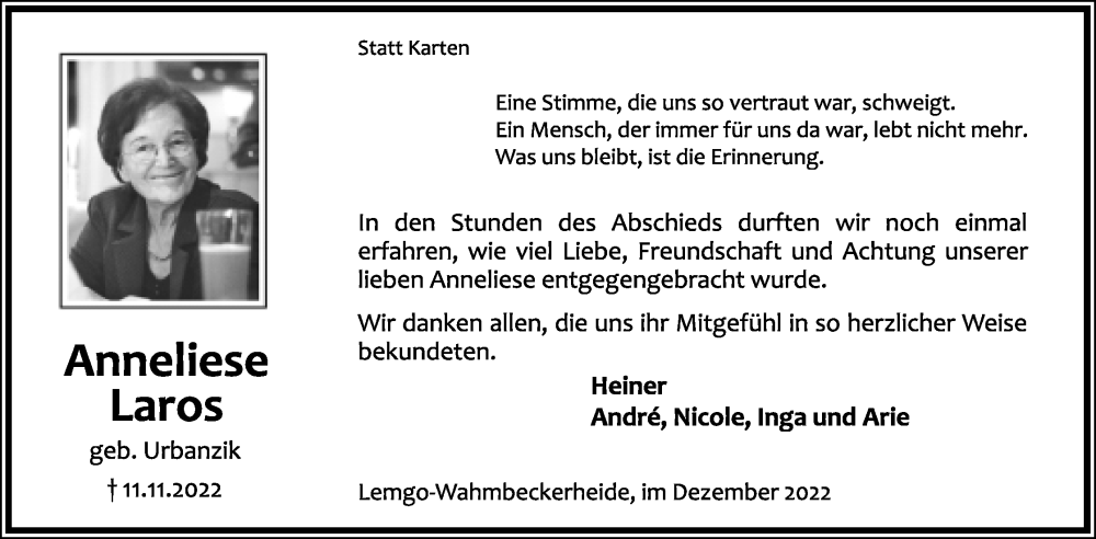  Traueranzeige für Anneliese Laros vom 10.12.2022 aus Lippische Landes-Zeitung