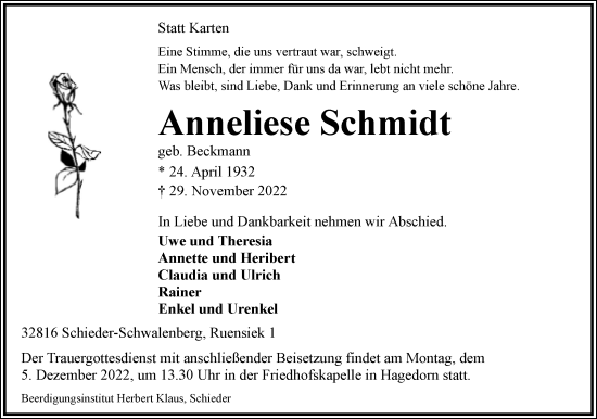 Anzeige  Anneliese Schmidt  Lippische Landes-Zeitung