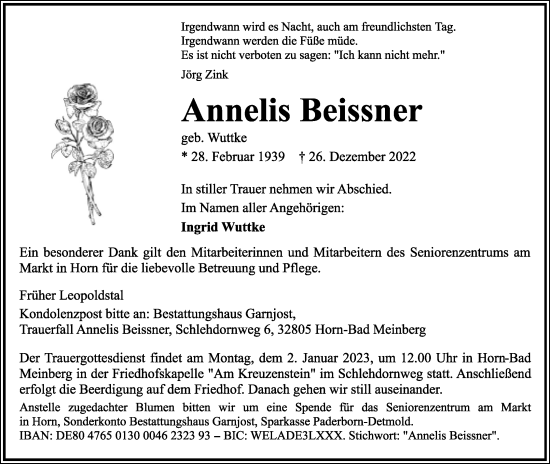 Anzeige  Annelis Beissner  Lippische Landes-Zeitung