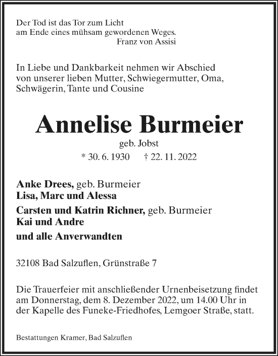Anzeige  Annelise Burmeier  Lippische Landes-Zeitung