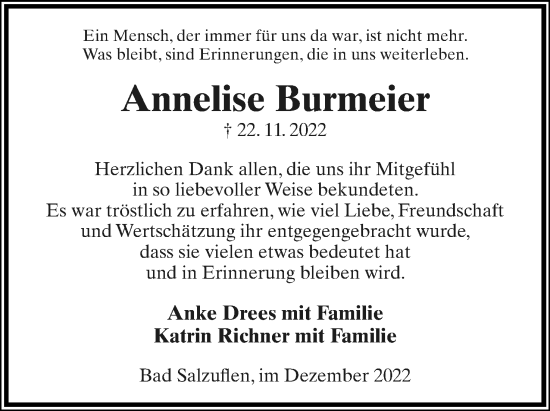 Anzeige  Annelise Burmeier  Lippische Landes-Zeitung