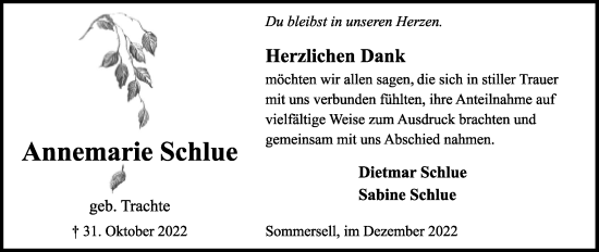 Anzeige  Annemarie Schlue  Lippische Landes-Zeitung