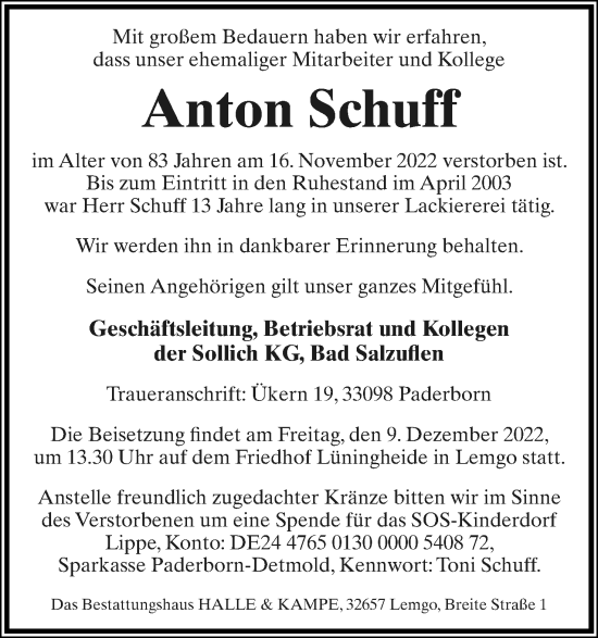 Anzeige  Anton Schuff  Lippische Landes-Zeitung