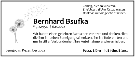 Anzeige  Bernhard Bsufka  Lippische Landes-Zeitung
