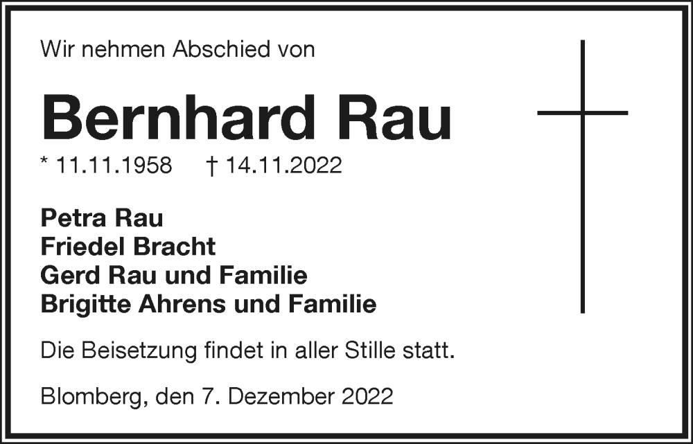  Traueranzeige für Bernhard Rau vom 09.12.2022 aus Lippische Landes-Zeitung