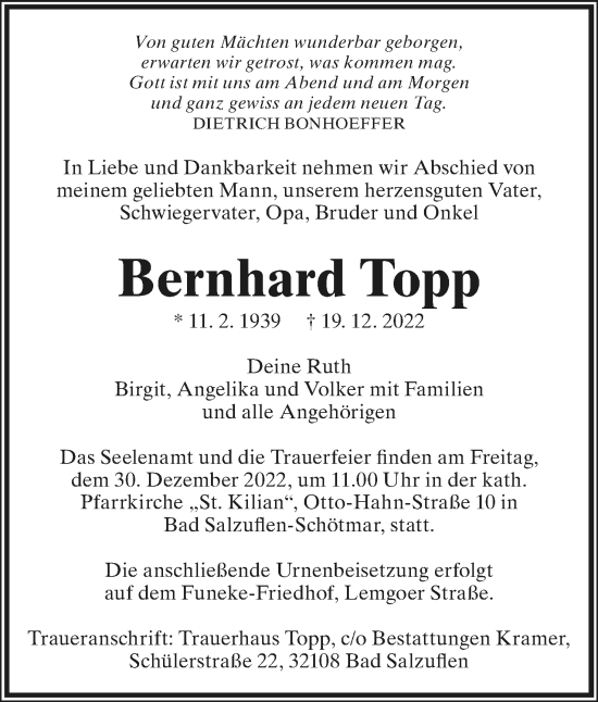Anzeige  Bernhard Topp  Lippische Landes-Zeitung