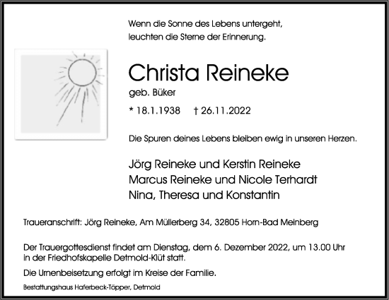 Anzeige  Christa Reineke  Lippische Landes-Zeitung