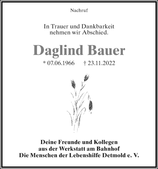 Anzeige  Daglind Bauer  Lippische Landes-Zeitung