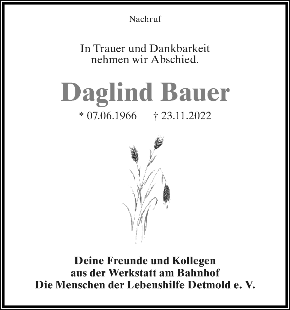  Traueranzeige für Daglind Bauer vom 10.12.2022 aus Lippische Landes-Zeitung