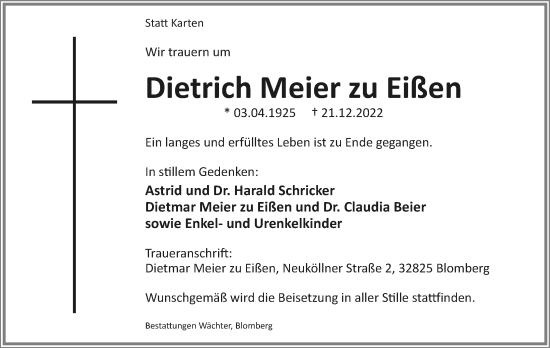 Anzeige  Dietrich Meier zu Eißen  Lippische Landes-Zeitung