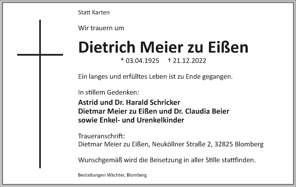  Traueranzeige für Dietrich Meier zu Eißen vom 24.12.2022 aus Lippische Landes-Zeitung