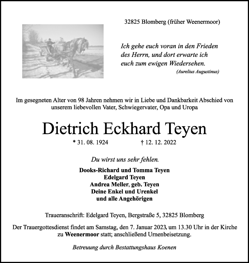  Traueranzeige für Dietrich Eckhard Teyen vom 17.12.2022 aus Lippische Landes-Zeitung