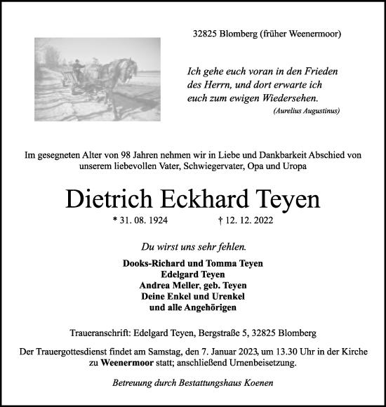 Anzeige  Dietrich Eckhard Teyen  Lippische Landes-Zeitung